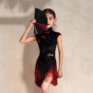 New Dance Clothing for Children Latin Dance Spring and Summer Sleeveless Antique Cheongsam Tassel Performance Clothing Practice Clothing for Girls Dancing