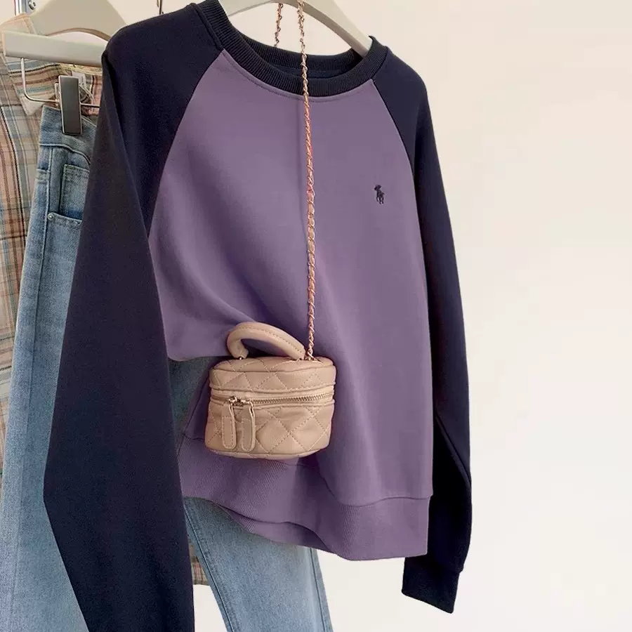 紫色欧货拼接撞色圆领刺绣加绒卫衣女秋冬2025新款宽松大码上衣冬