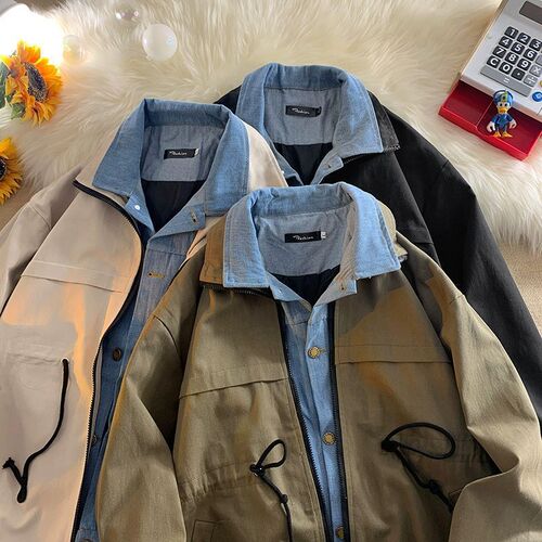 Men's faux double-breasted denim jacket, early spring and autumn, niche design sense, American workwear, casual top clothing