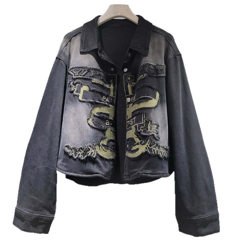 2026 nuevo desgaste a mano de la industria pesada estilo nacional retro bordado denim abrigo corto de manga larga con solapa camisa tipo blusa image 5