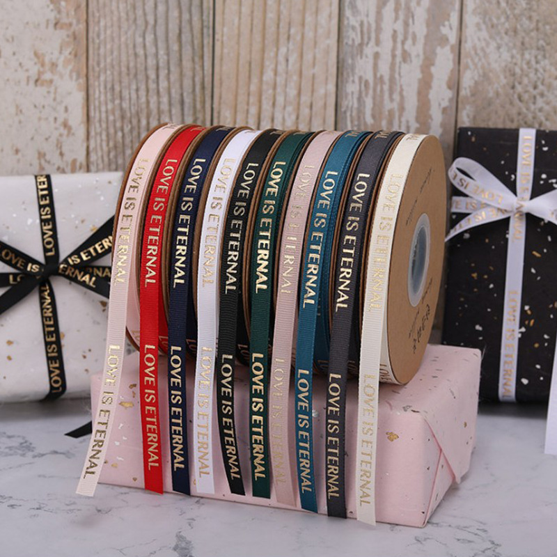 鲜花包装烫金英文螺纹丝带1厘米韩式烫金丝带礼品包装丝带批发