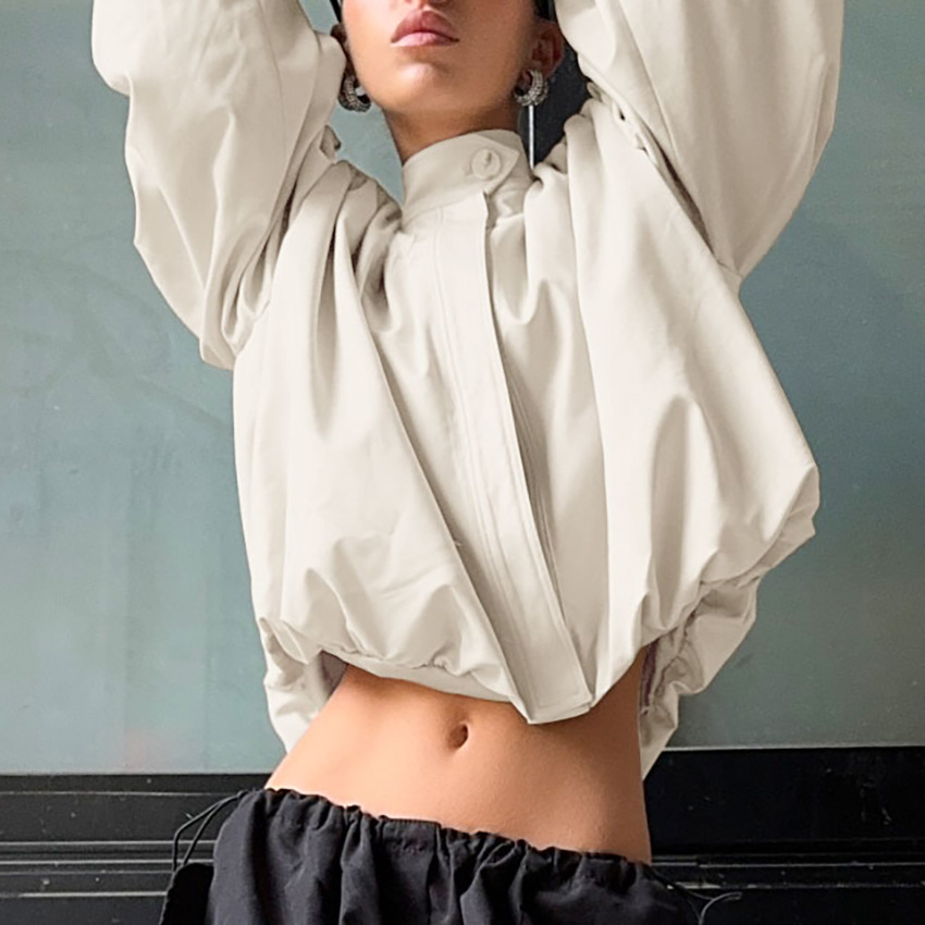 Designer High-Neck Puff Sleeve Blazer – Chic Oversized Coat For Women, Work-to-Weekend Versatile Jacket_voghion.com