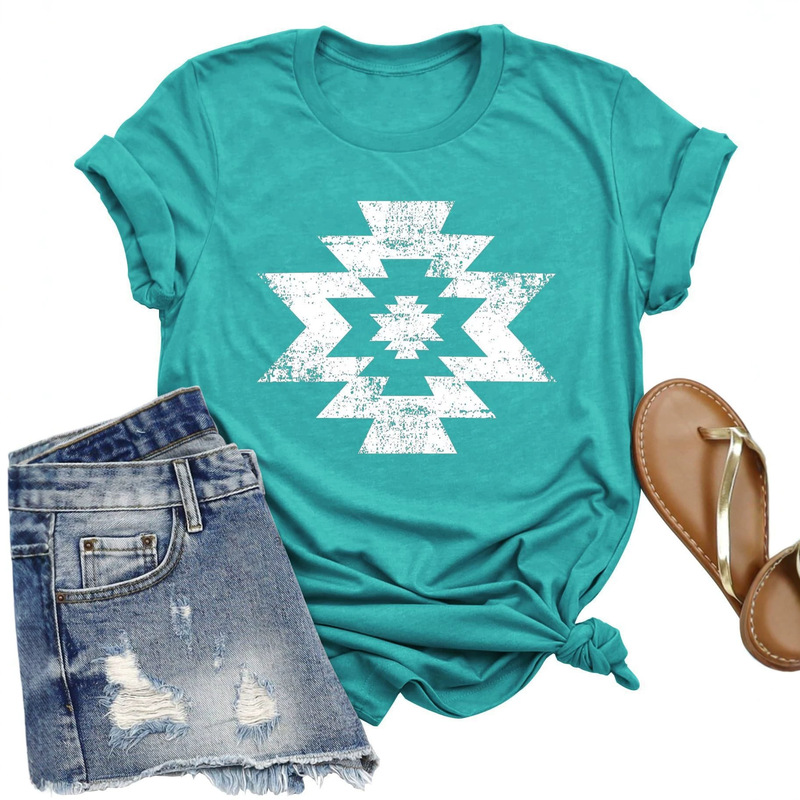 Women's foreign trade tops for cross-border e-commerce on Amazon, western-style printed colorful cotton T-shirts Women's foreign trade tops for cross-border e-commerce on Amazon, western-style printed colorful cotton T-shirts