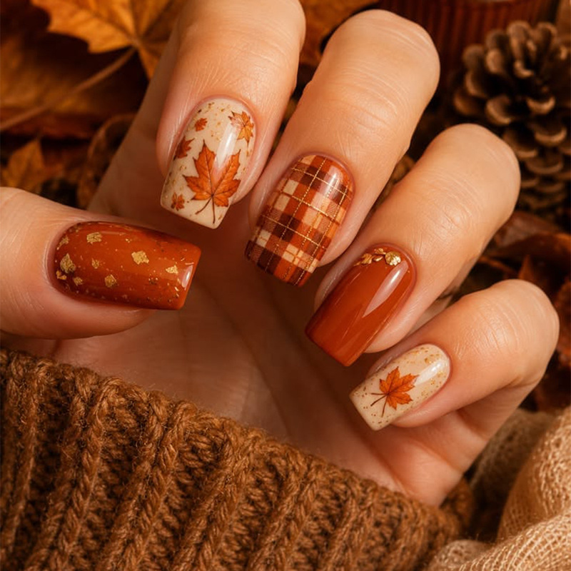 Wear square-shaped, elegant, and stylish maple leaf-patterned, retro-lined, and glittery false nails that can be detached Wear square-shaped, elegant, and stylish maple leaf-patterned, retro-lined, and glittery false nails that can be detached