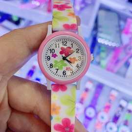 跨境货源可爱漂亮花朵硅胶印花儿童石英手表女孩学生休闲腕表批发