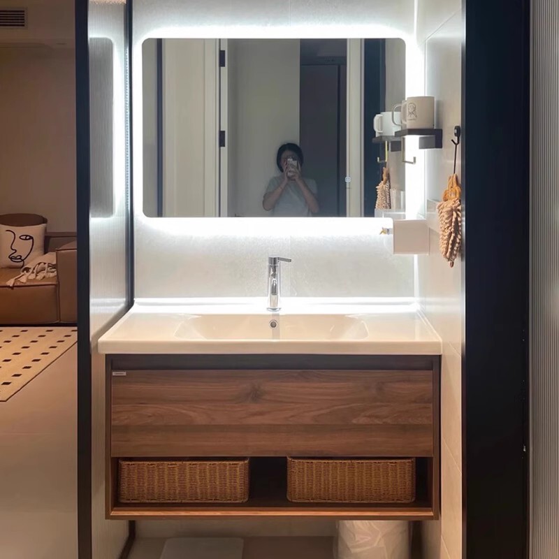 Light Luxury Black Walnut Bathroom Cabinet Combination Bathroom Sink Ceramic Integrated Washbasin Washbasin Sanitary Ware