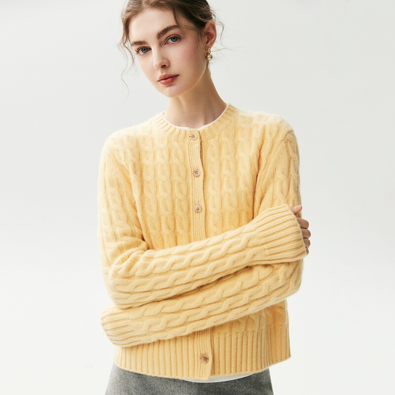COS-style, four-ply thickened cashmere knit cardigan, new women’s style, thickened round-neck cable-knit sweater, warm outerwear