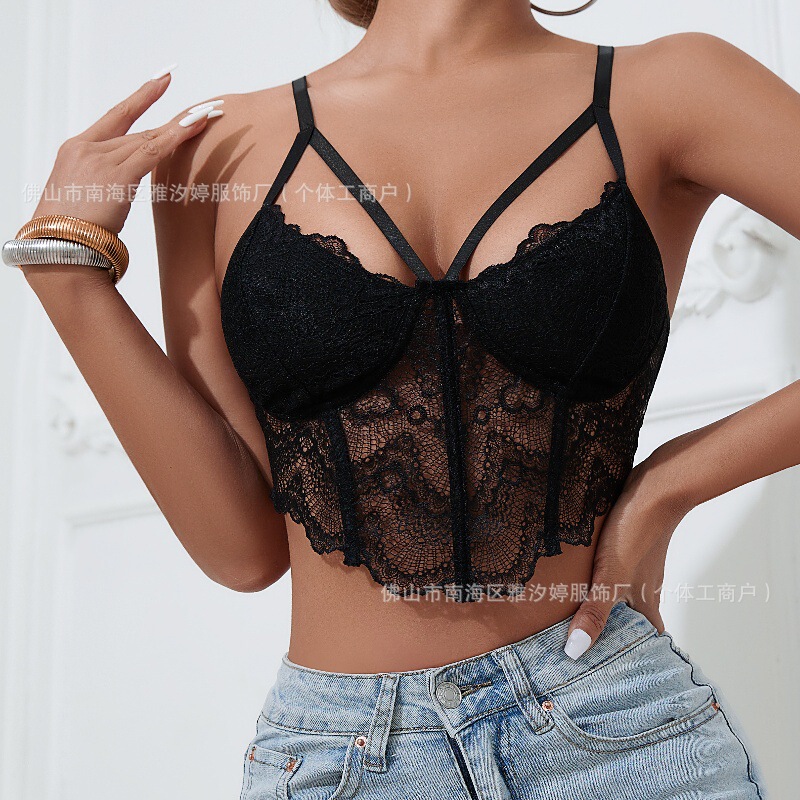 Cross-Border Foreign Trade Amazon Lace Wrap Sexy Rhombus Backless Slim Fishbone European and American See-Through Camisole