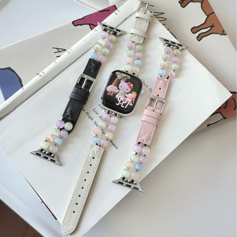 Colorful Round Beads and Leather Strap Suitable for Apple Watch Iwatch11 Generation 987654Ultra/Se