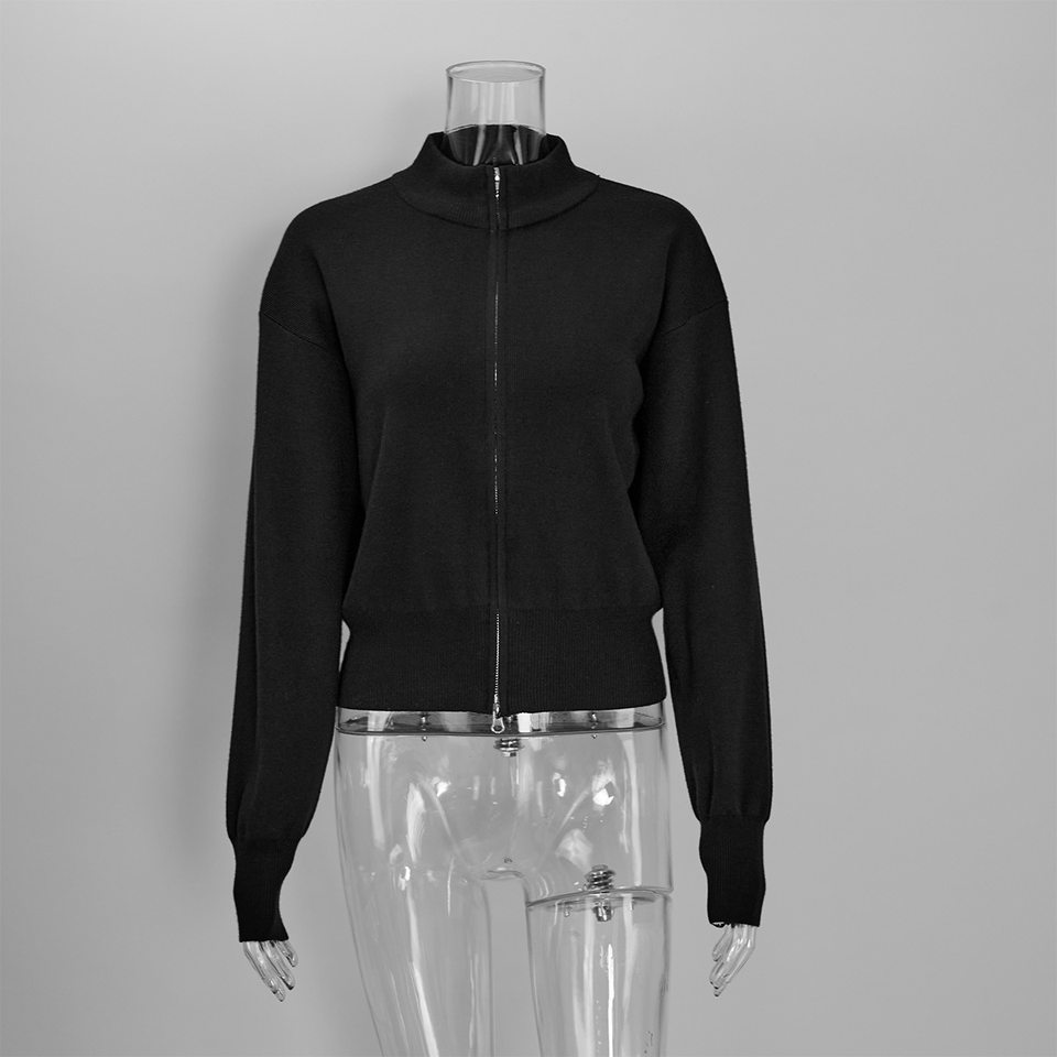 Áo khoác cardigan len dệt kim cổ đứng khóa kéo hai chiều dài tay — Màu nâu cà phê, Màu trắng, màu đen, màu đỏ chi tiết 50