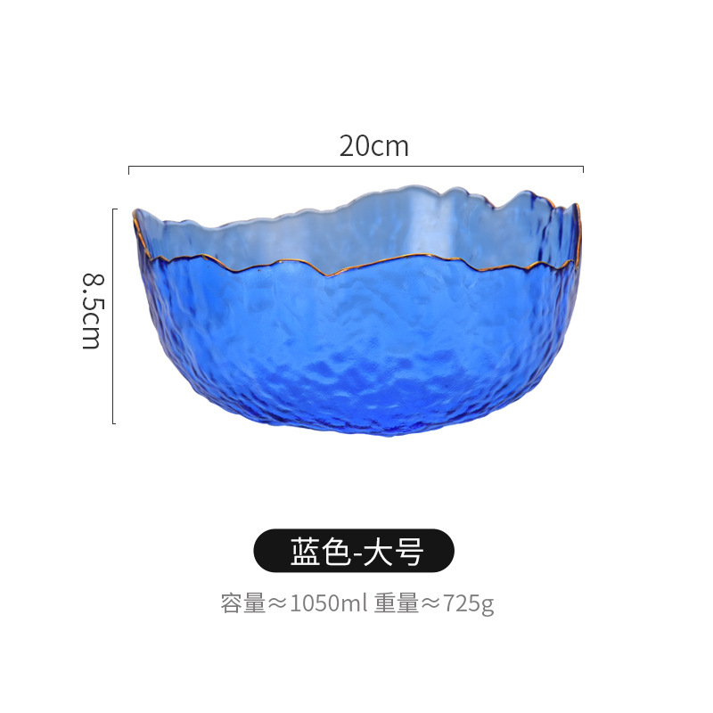 Venta al por mayor estilo nórdico patrón de martillo transparente borde dorado ensaladera de vidrio hogar plato de fruta de postre de alto aspecto vegetal