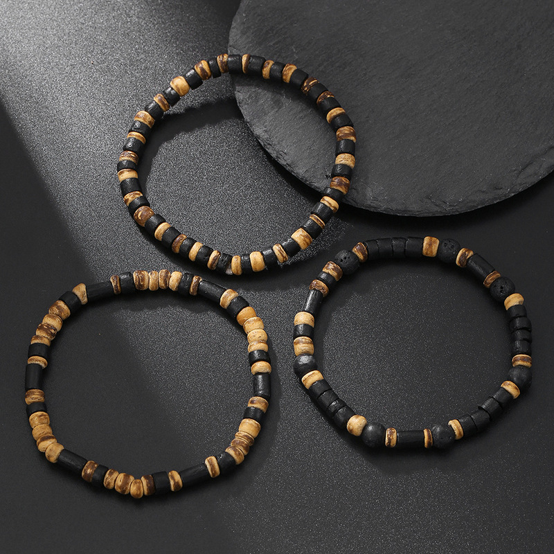 Cross-Border Bohemian Vacation Style Coconut Shell Wood Chip Bracelet Three-Piece Set for Men and Women, Single-Loop Elastic Cord Stacked Bracelets