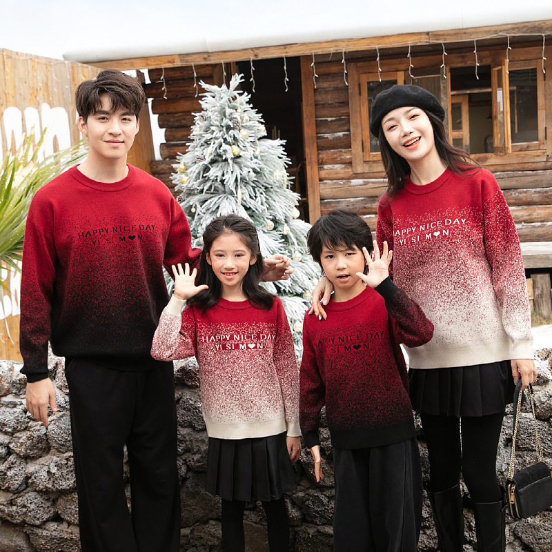 秋冬新款亲子装毛衣圣诞装红色喜庆童装亲侣装一家三口四口家庭装