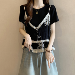 クロスボーダーエスニックスタイルレースサスペンダーレイヤード半袖Tシャツ女性用2025夏新作大きいサイズファットmmフェイクツーピース