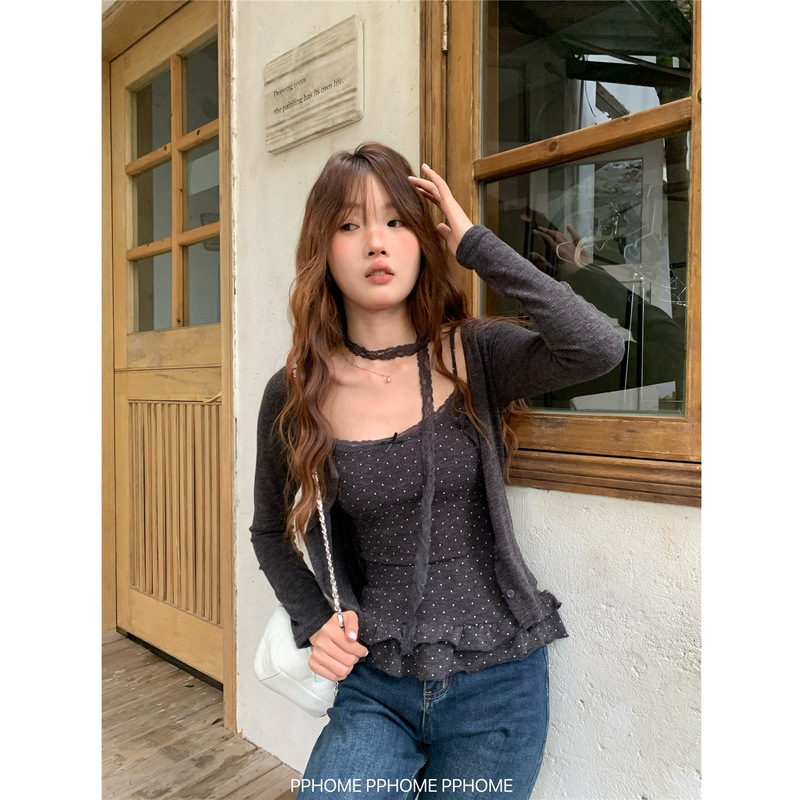 Mr [Original Quality] Korean Long Sleeve Cardigan Jacket for Women, Sweet Ruffled Polka Dot Inner Layer with Camisole for Autumn