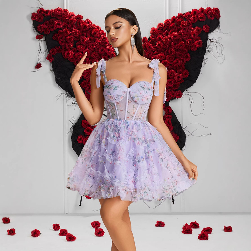 New Purple Floral Fishbone Waist-Cinching Strapless Dress, Sweet and Spicy Style Short Birthday Party Dress