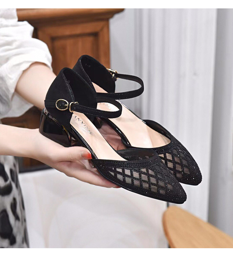 Sandal bít mũi lưới nữ gót thấp mũi nhọn thời trang rỗng khí chất — Màu đen chi tiết 13