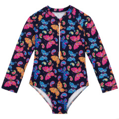 2024女童泳衣中大童女孩連體防曬泳裝蝴蝶印花歐美兒童長袖游泳衣