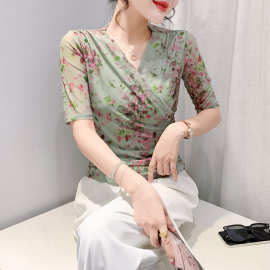 夏季修身网纱印花碎花上衣时尚显瘦气质恤女百搭洋气领图片色