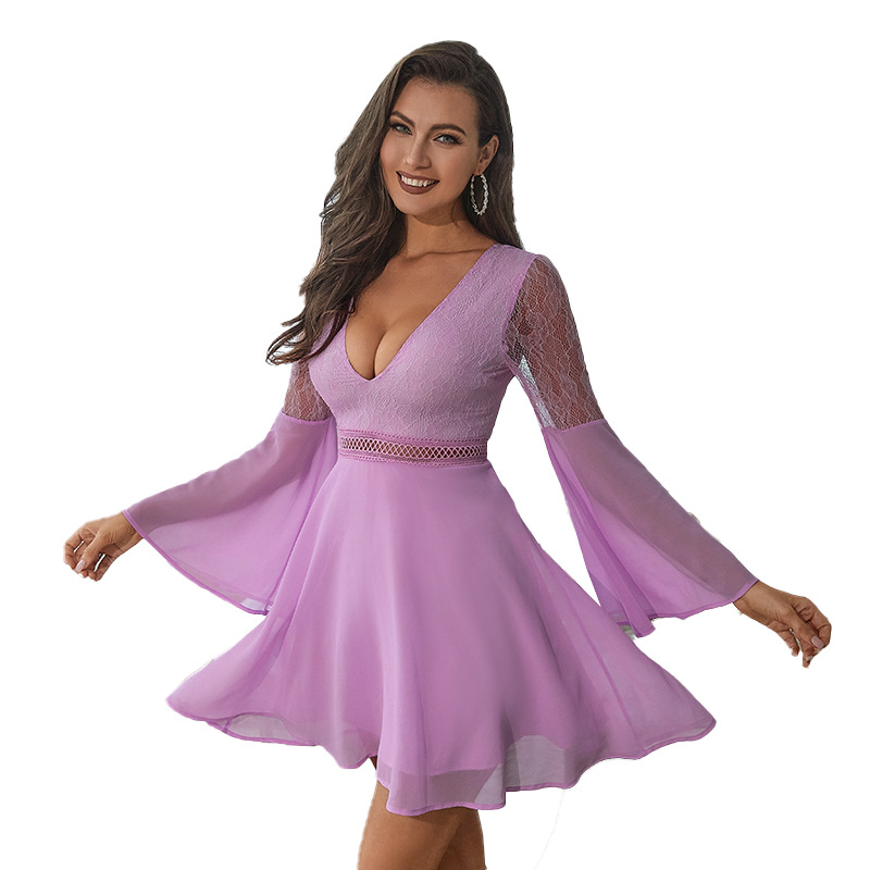 double crazy欧美供应链新款女装夏雪纺短裙喇叭袖镂空蕾丝连衣