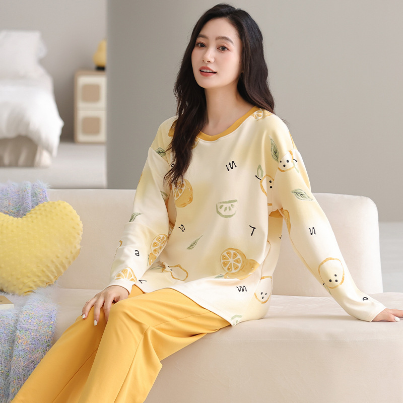 2025 Early Autumn New Round Neck Women's Pure Cotton Long-Sleeved Pajamas with Interesting Patterns, Simple Casual, Age-Reducing and Fresh Style