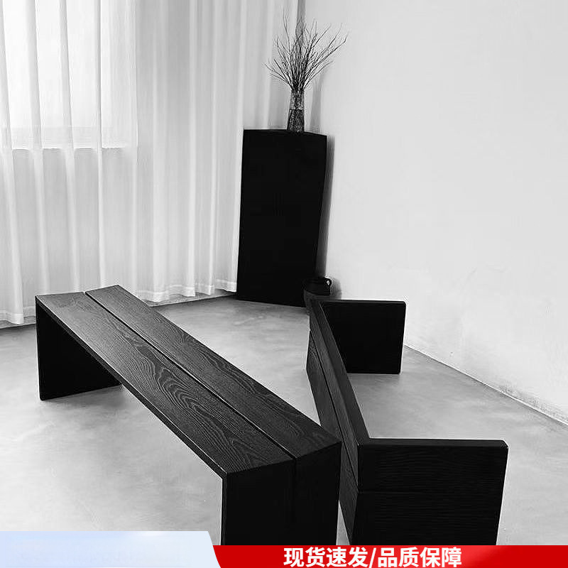 Black dining table, solid wood long bench, shoe-changing bench, mid-century style, suitable for living room, bedroom, end of bed, home use, long bench, no installation required