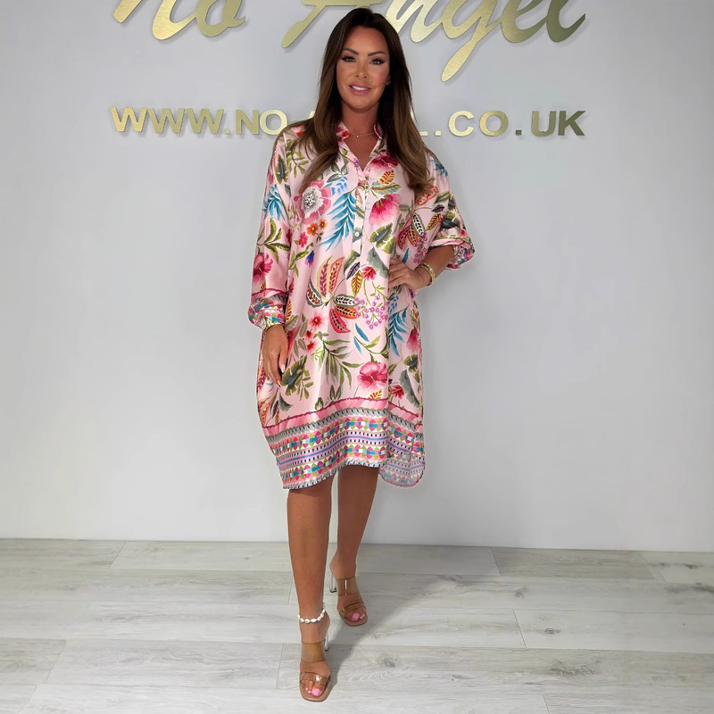 2025 European and American Cross-border Independent Station V-neck Fashion Casual Satin Printed Women Loose plus size Shirt dress 2025 European and American Cross-border Independent Station V-neck Fashion Casual Satin Printed Women Loose plus size Shirt dress