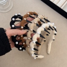 韩版毛线珍珠波浪发箍女带齿防滑高颅顶头箍蓬松纹理感压发卡头饰