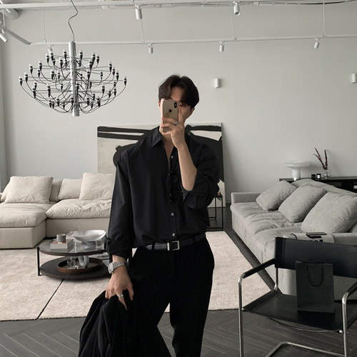 English stylish gentleman men's long-sleeve shirt with a sense of sophistication, gray, light mature style, suit-style inner shirt, oversize, trendy