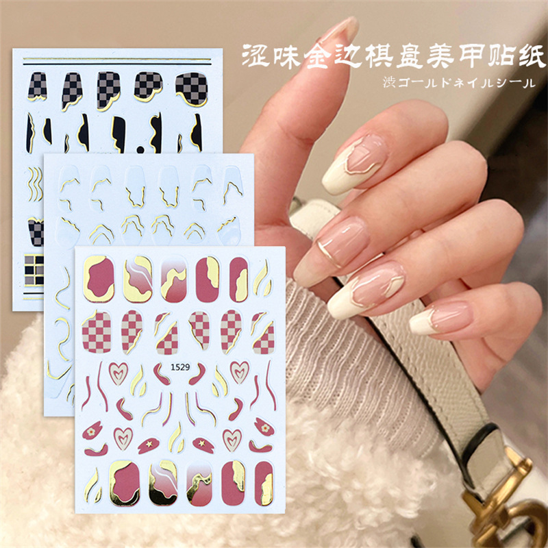 Nueva manicura astringente borde de oro tablero de damas uñas pegatinas líneas irregulares malla uñas pegatinas con adhesivo