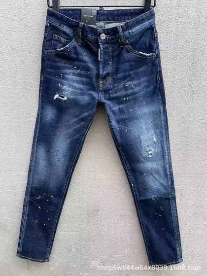 C079 Foreign Trade D2 Men's Jeans Distressed Washed Paint Ripped Patch Tight Casual Retro Trendy Style