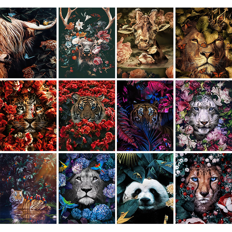 DIY digital oil painting animal painted flowers tiger lion deer cross border dropshipping Paint by number