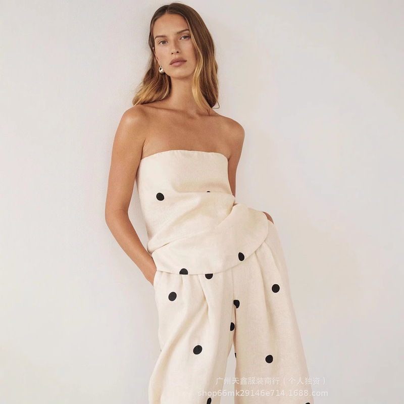 ZA cross-border women's clothing wholesale European and American style new leisure suit wave point tube top high waist wide leg pants