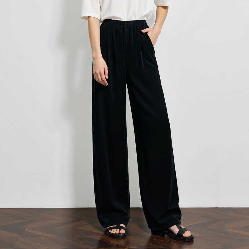 Early Spring New Style Silk Velvet Wide-Leg Pants for Women, Black Straight-Leg Long Pants, Loose Casual Trousers Made of Mulberry Silk Early Spring New Style Silk Velvet Wide-Leg Pants for Women, Black Straight-Leg Long Pants, Loose Casual Trousers Made of Mulberry Silk