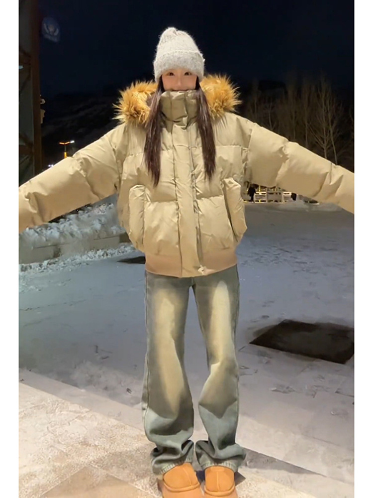 好看棉服女短款羽绒服卡其色毛领高级流行可拆卸超冬季感今年加厚