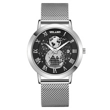 外贸新款跨境热卖时尚地球日历男士手表男表不锈钢网带米兰带批发