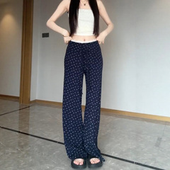 藏青色蕾丝拼接碎花裤女夏季薄2025新款高腰显瘦小个子休闲阔腿裤