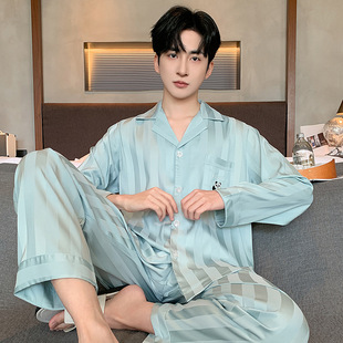 Ice Silk Pajamas for Men 2025 New Spring and Autum Thin Plus Fat Large Size Long-Sleeved Suit Home Clothes B14-532