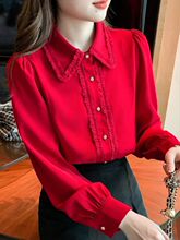 春款娃娃领红色雪纺衬衫2025早春新款女装高端洋气衬衣本命年上衣