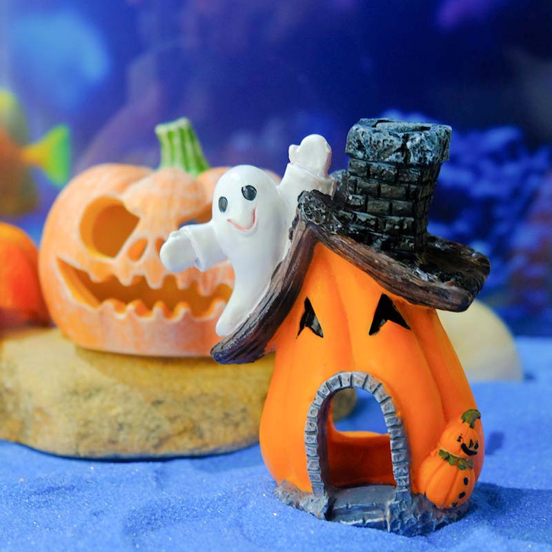 Venta caliente pecera acuario decoración de resina escondida decoración de la casa calabaza sumergida paisaje de Halloween olla de reproducción desove