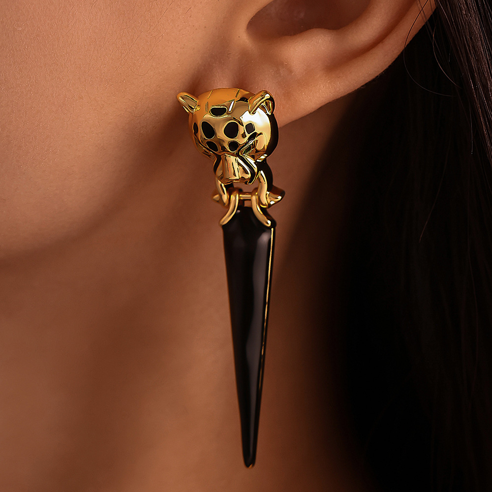 Fangtang Leopard Head Set With Zircon Triangle Tassel Exaggerated Earrings, Environmentally Friendly Material Personalized Earrings_voghion.com