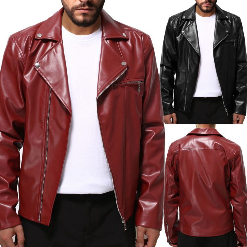 Men's Leather Jacket for Export, Trendy Spring and Autumn New Style, Stylish Horizontal Zipper Motorcycle Jacket, Youth Large Size Outerwear