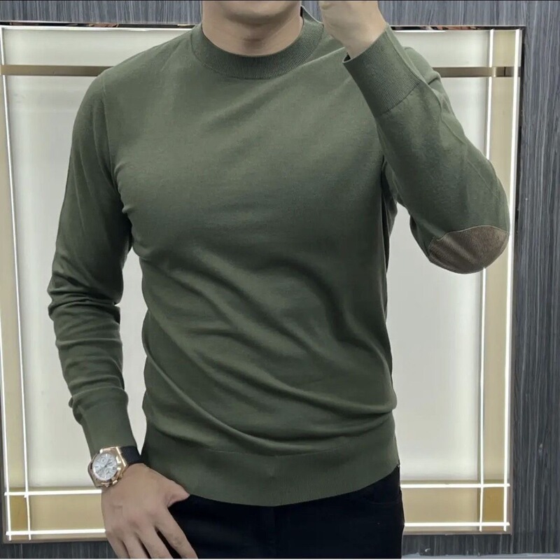 Half turtleneck pullover sweater men's long-sleeved bottoming shirt top vintage patch stitching stretch solid color sweater men