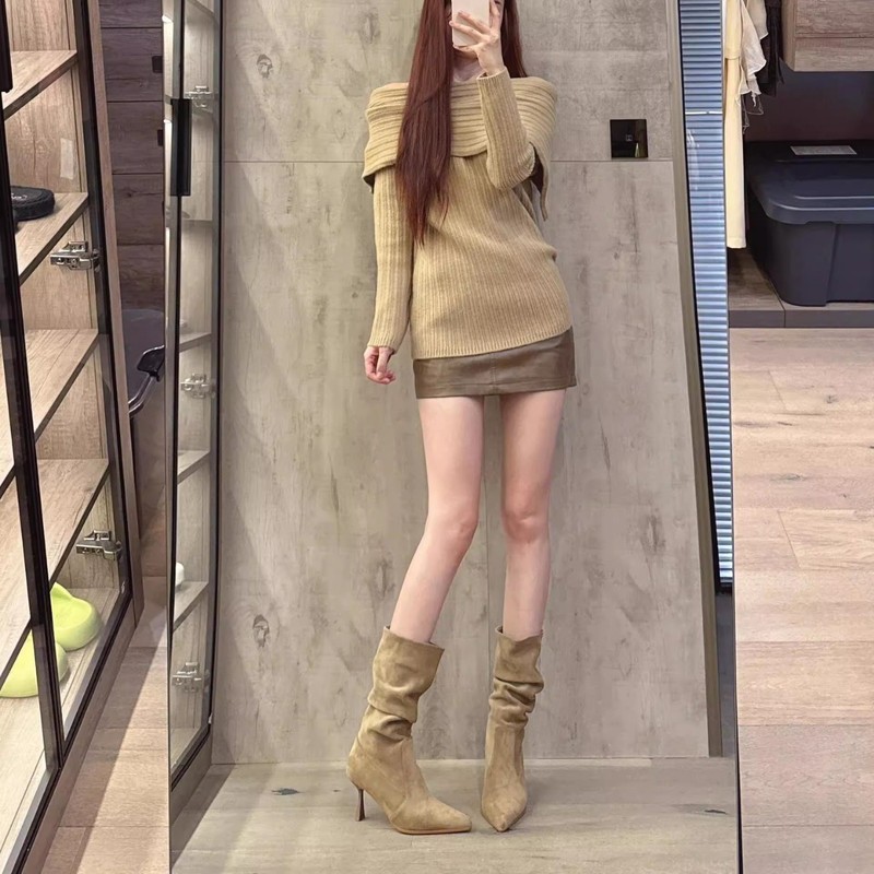 美拉德靴子女细高跟2025新款卡其色尖头褶皱显瘦中筒堆堆靴|undefined
