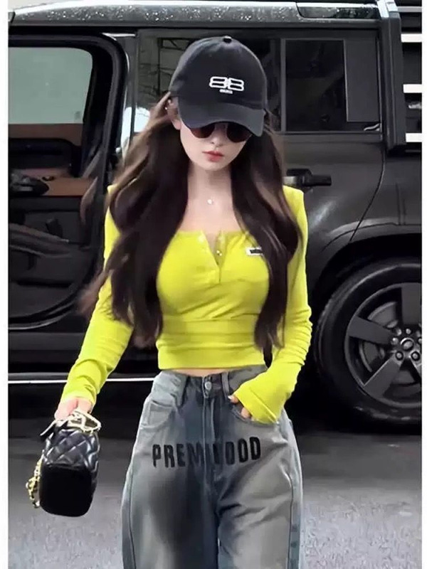 新しい秋のアメリカの甘いギャルの半開襟のファッション的な長袖のtシャツの女性の修身はやせている底のシャツの短い上着を現します。|undefined