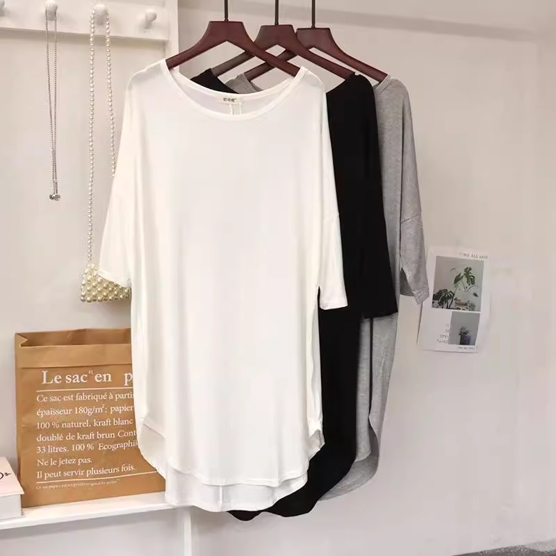 加肥加大码200斤莫代尔冰丝短袖T恤女夏季宽松中长款遮屁股上衣服