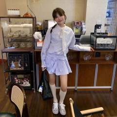 韩系甜美学院风条纹拼接长袖衬衫连衣裙女秋季收腰显瘦A字短裙子