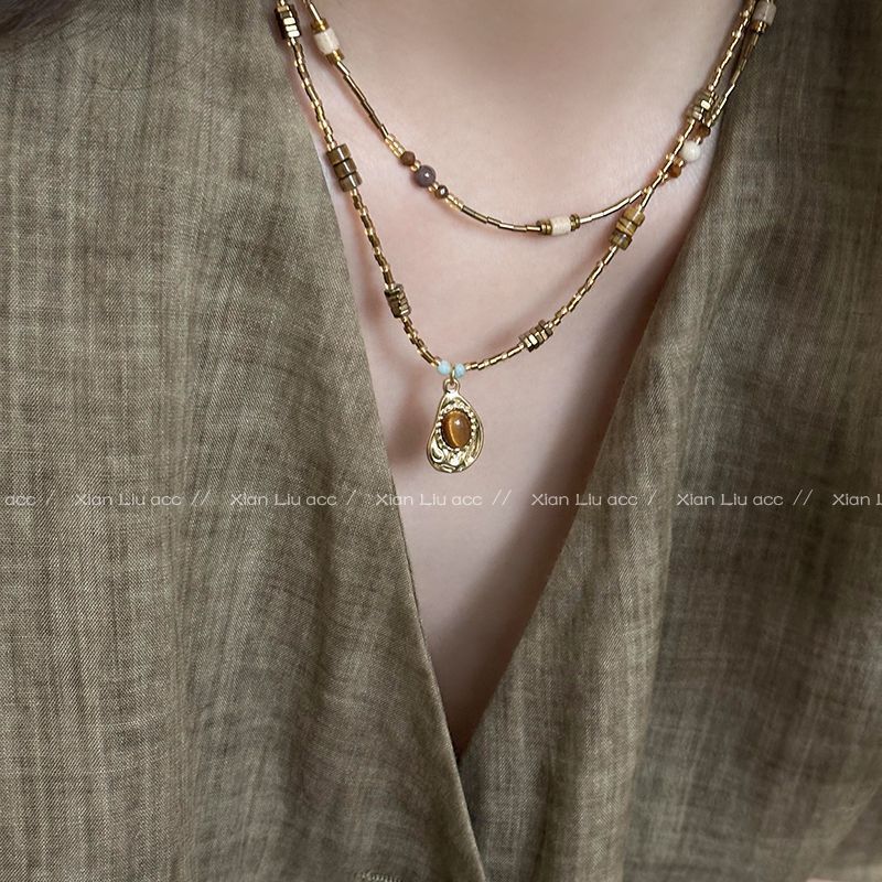 仿虎眼石吊坠串珠项链个性甜酷锁骨链女高级感复古美式颈链配饰