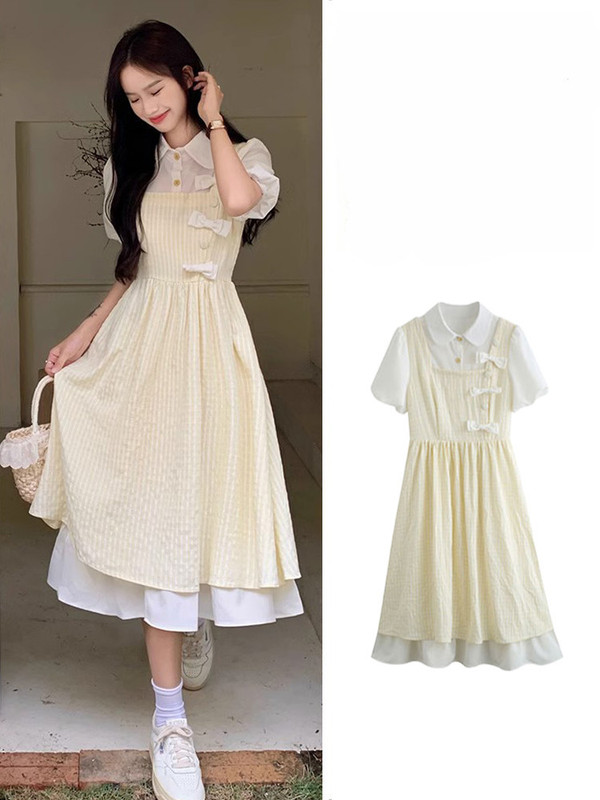 Fake two-piece dress girl summer dress new junior high school Senior high school student sweet new Chinese cheongsam long skirt.