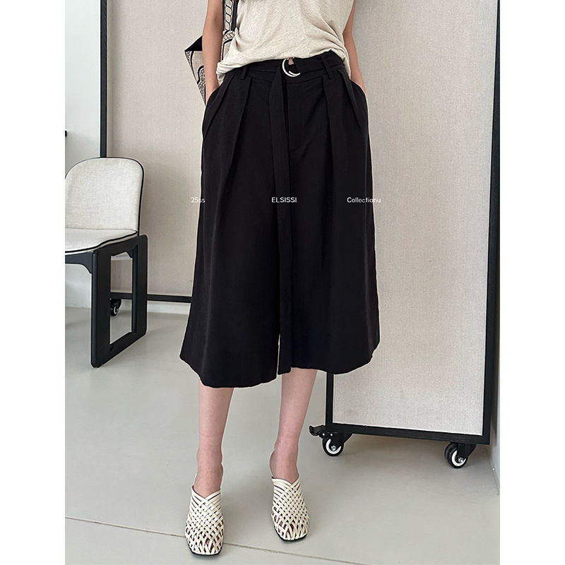 Elsissi Guangzhou Thirteen Elements Tencel Linen Belt Wide Leg Cropped Pants Small Casual Pants Women Summer Thin Style